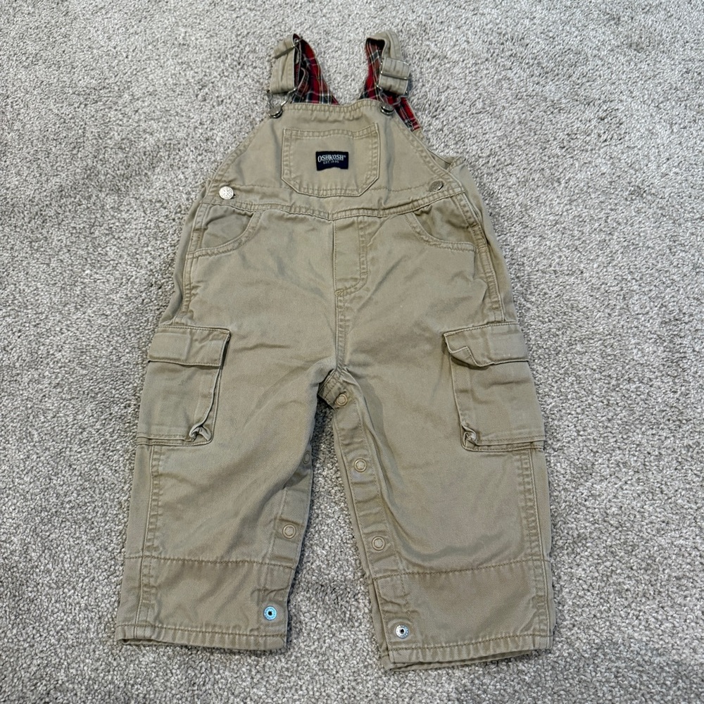 OshKosh Est. 1895 Tan Beige Red Plaid Overalls Kids 12M
